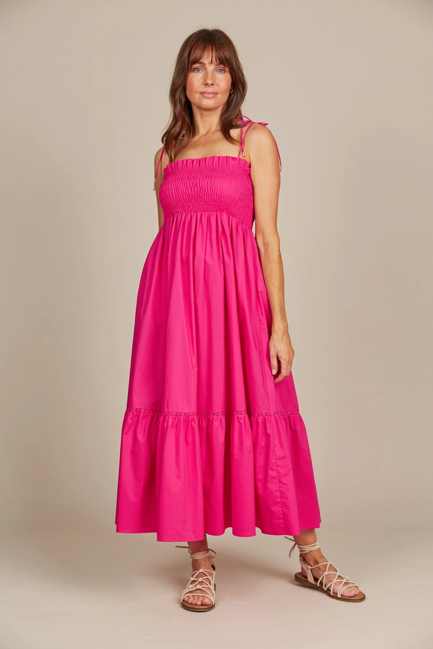 Shirred Cotton Maxi Dress - Raspberry