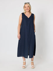 Ava Linen V-neck Dress - Navy by Gordon Smith