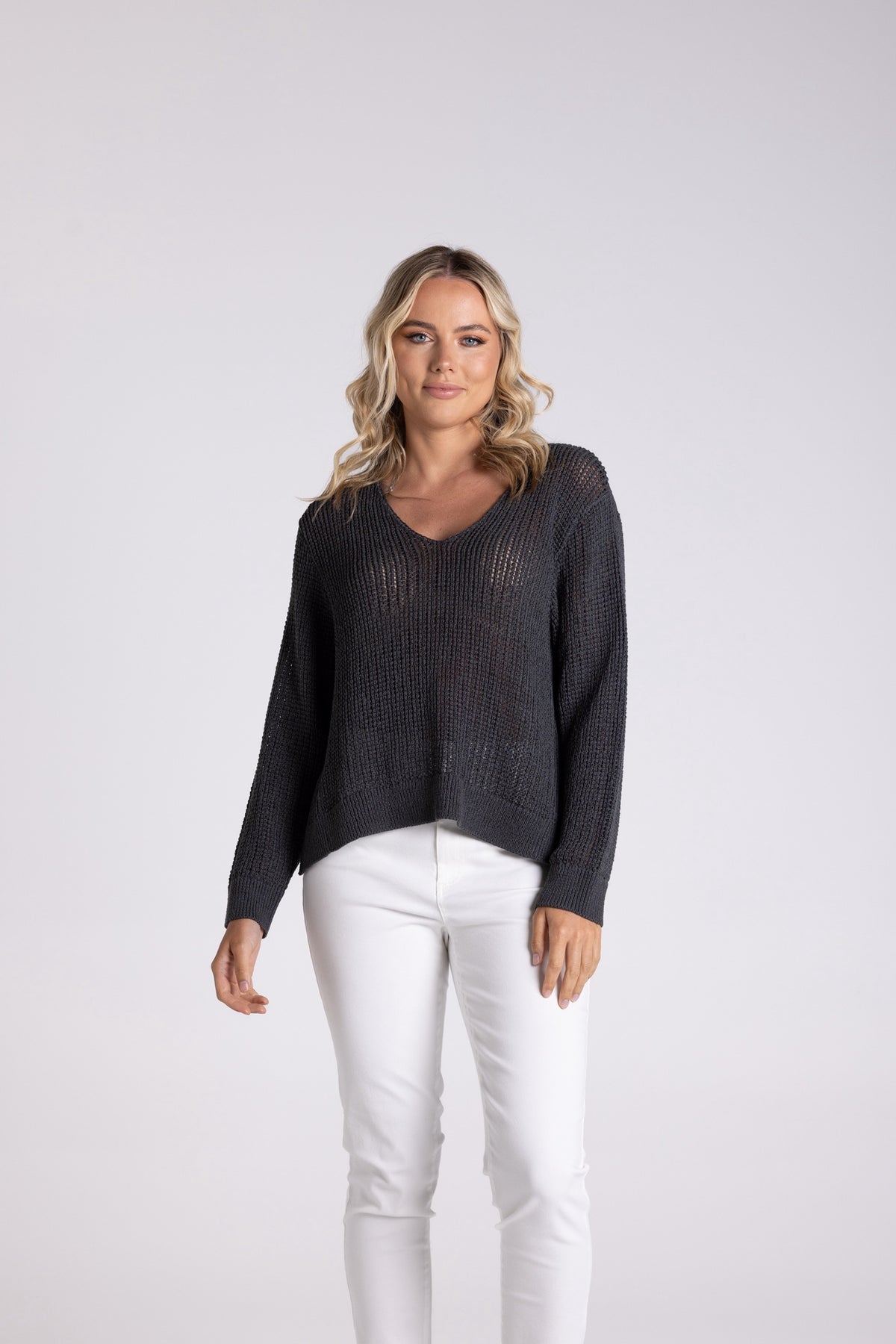 Tape Yarn V Neck Sweater - Charcoal