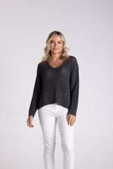 Tape Yarn V Neck Sweater - Charcoal
