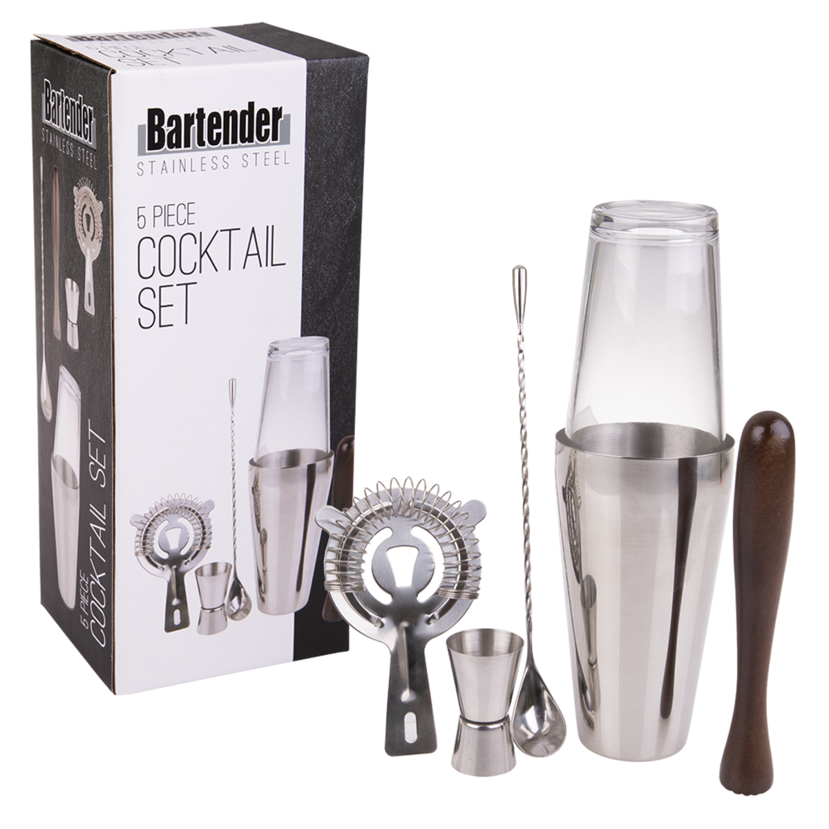 Bartender 5 Piece Stainless Steel Cocktail Set
