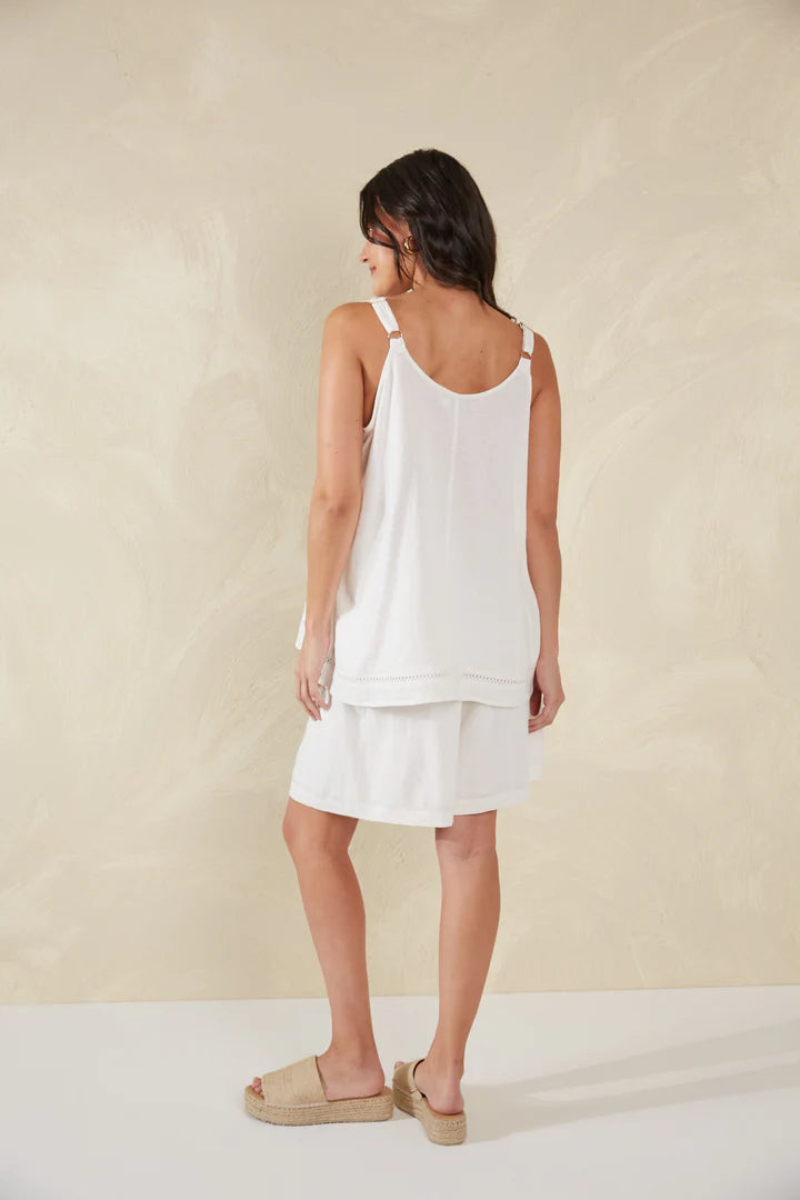 Linen Blend Tank with Lace Detail - White