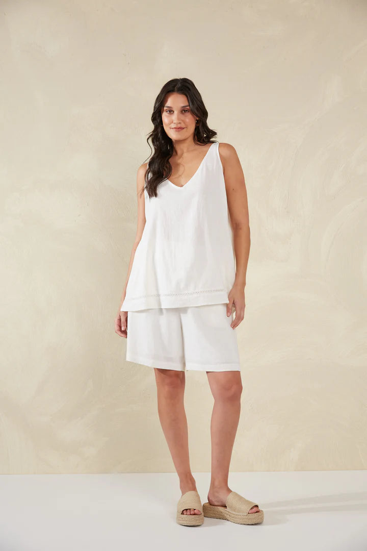 Linen Blend Tank with Lace Detail - White