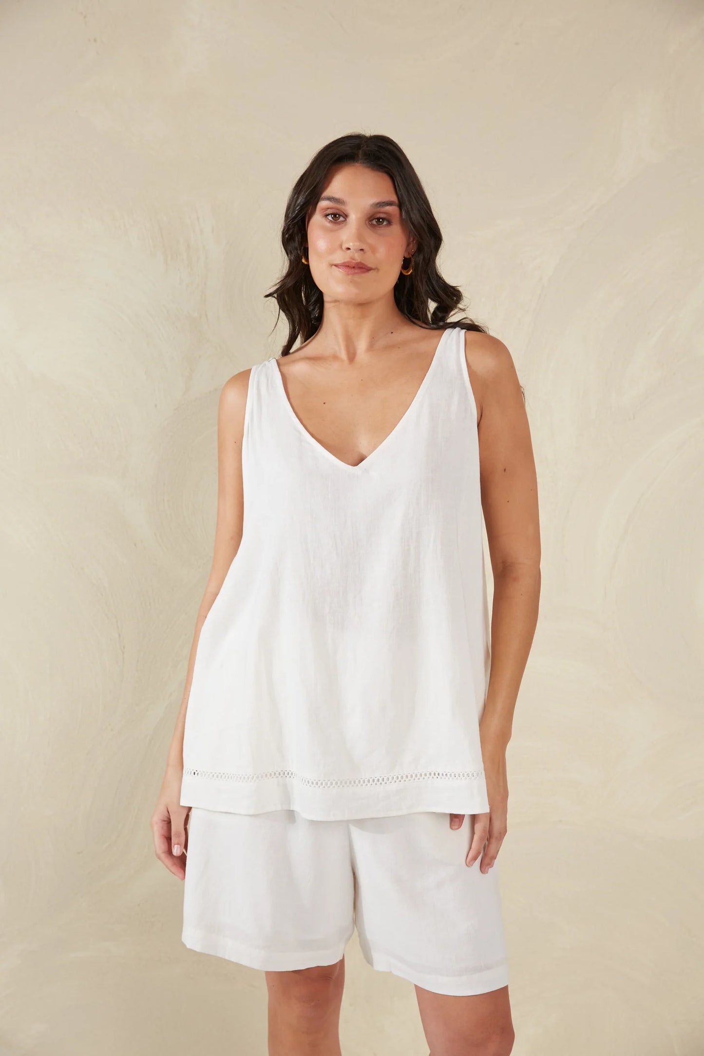 Linen Blend Tank with Lace Detail - White