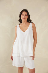 Linen Blend Tank with Lace Detail - White