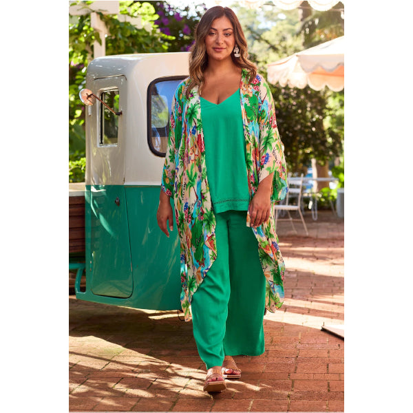 Linen Blend Wide Leg Pants - Green