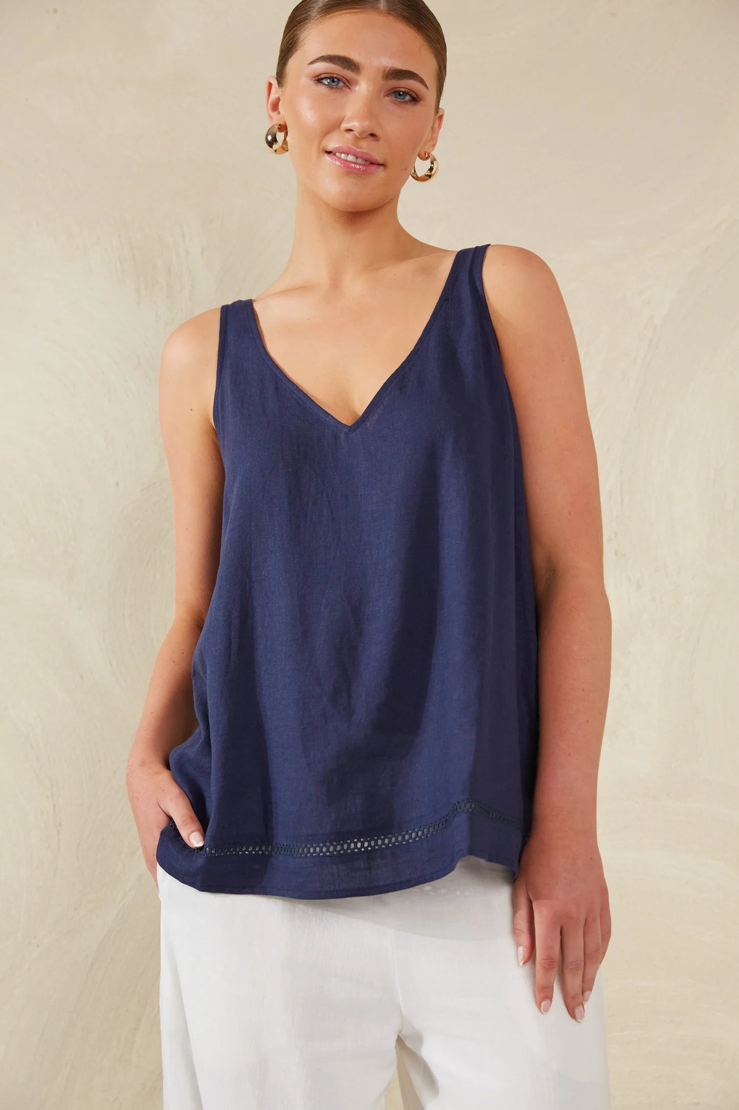 Linen Blend Tank with Lace Detail - Navy