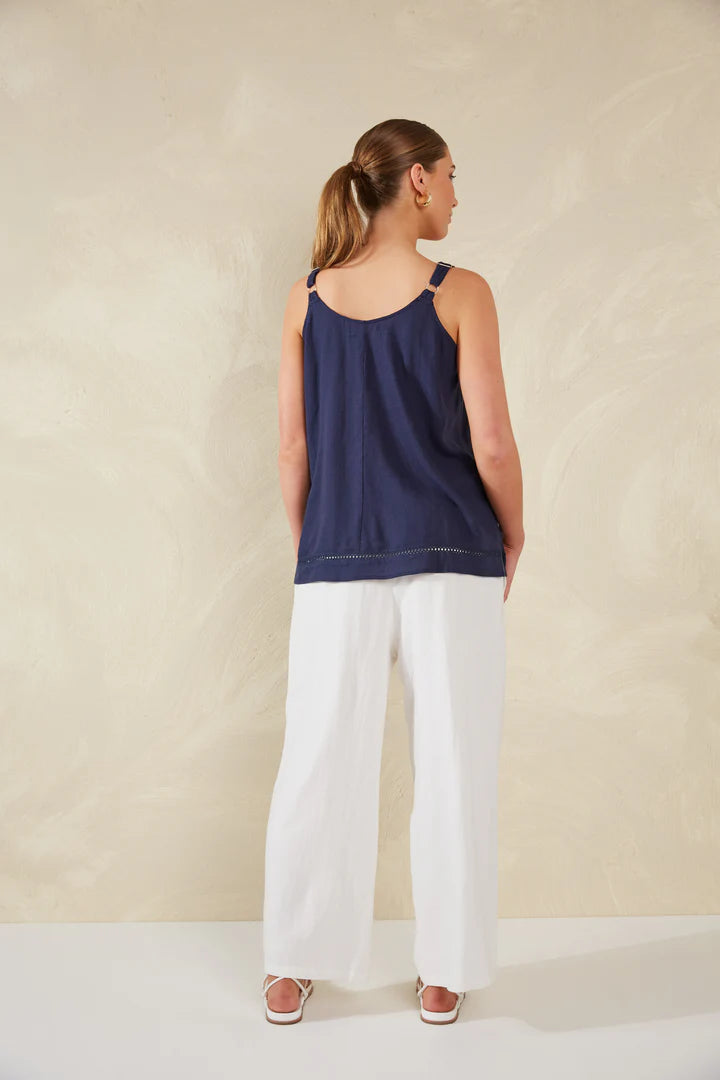 Linen Blend Tank with Lace Detail - Navy