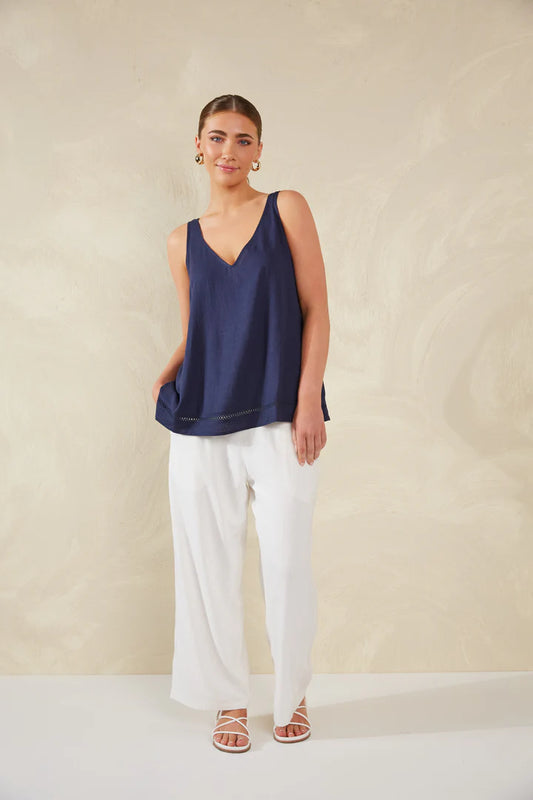 Linen Blend Tank with Lace Detail - Navy