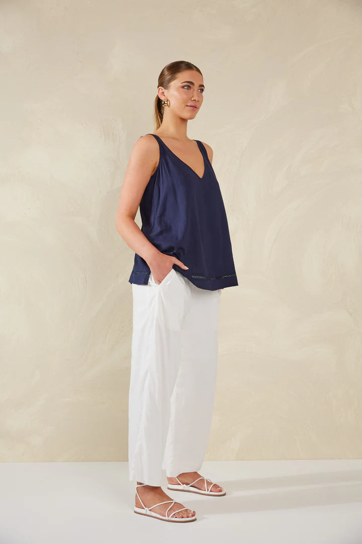 Linen Blend Tank with Lace Detail - Navy