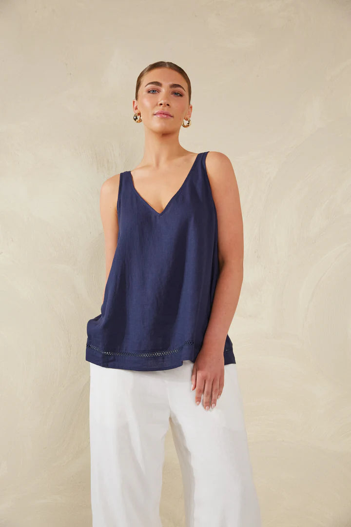 Linen Blend Tank with Lace Detail - Navy