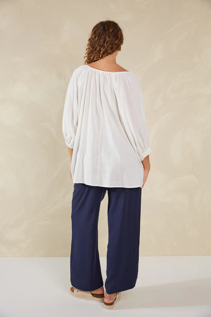 Linen Blend Relaxed Blouse - White