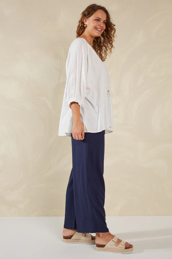 Linen Blend Relaxed Blouse - White