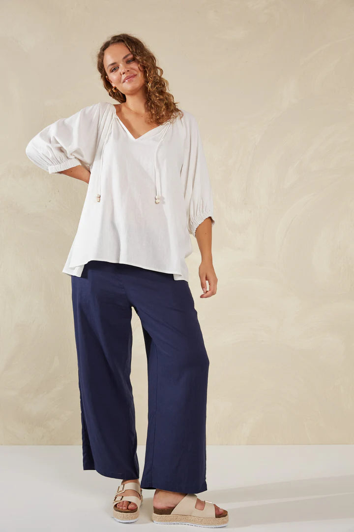 Linen Blend Relaxed Blouse - White