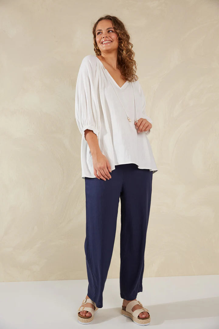 Linen Blend Relaxed Blouse - White