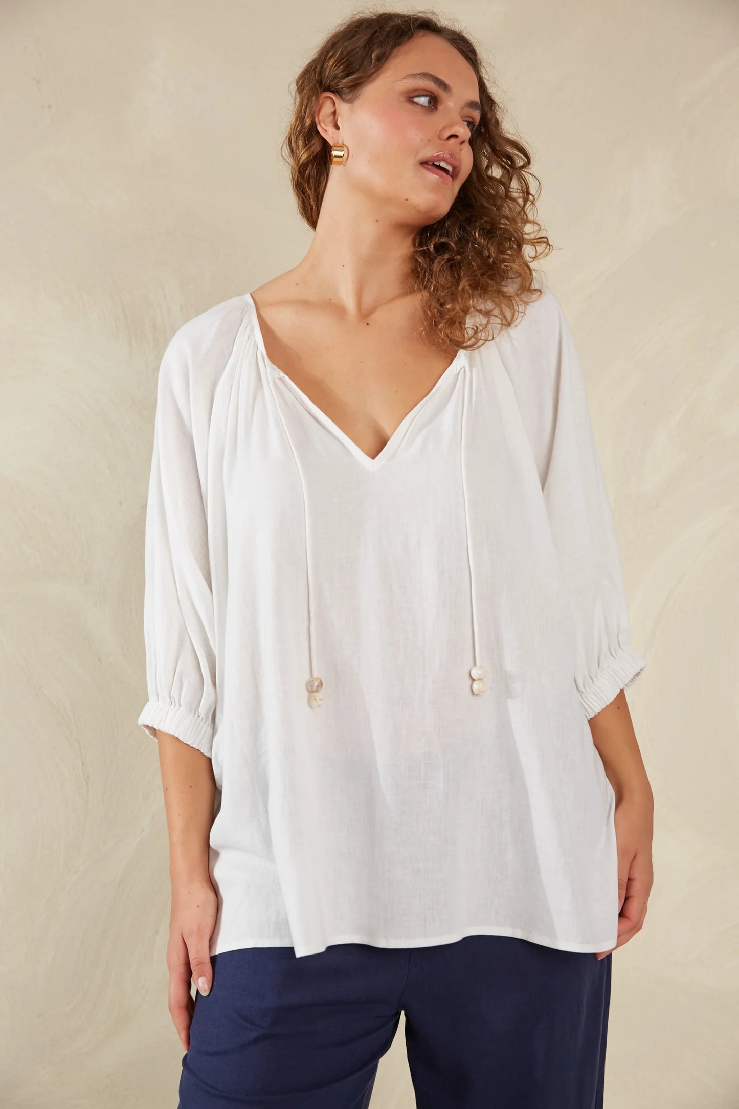 Linen Blend Relaxed Blouse - White