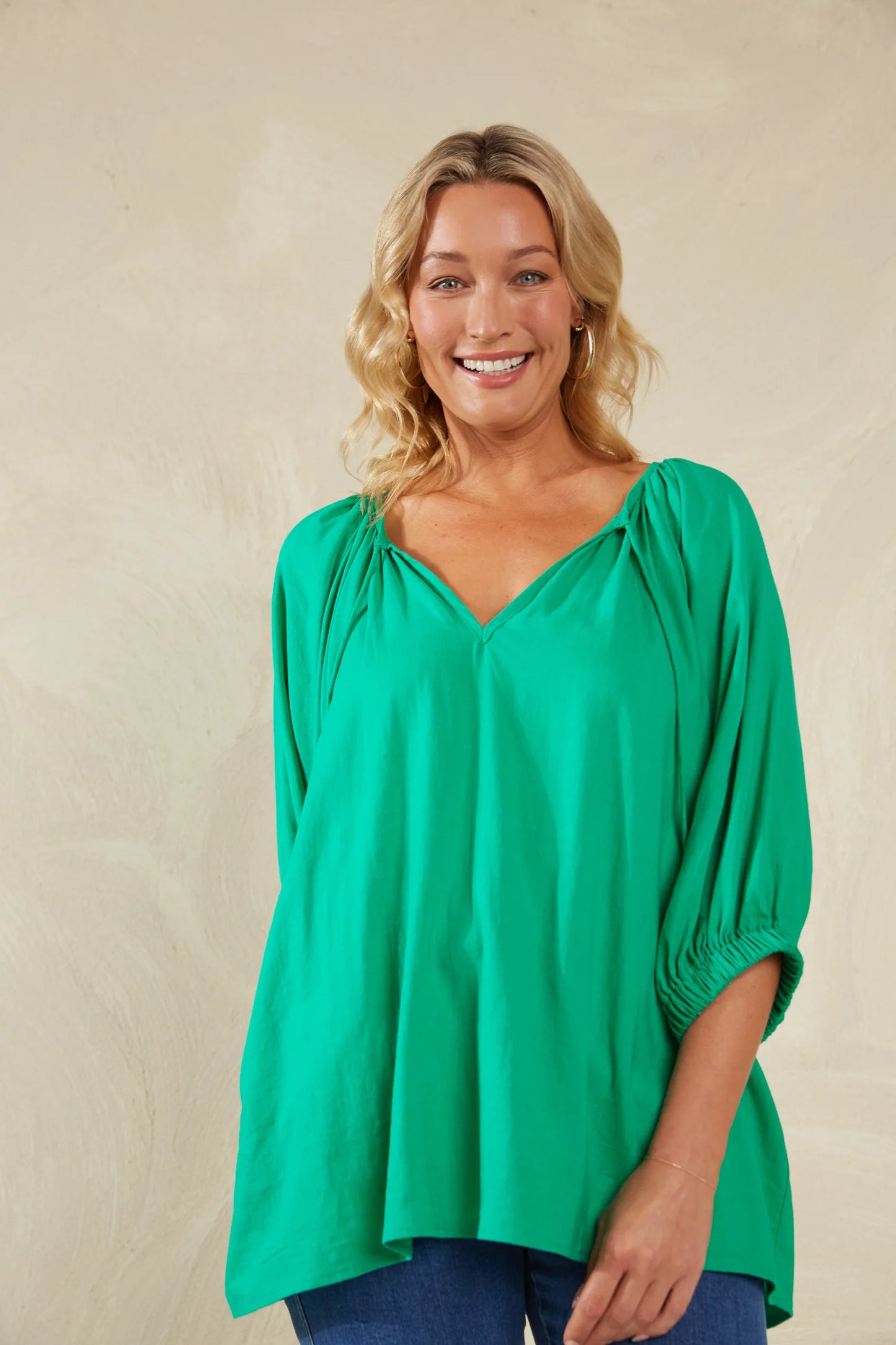 Linen Blend Relaxed Blouse - Green