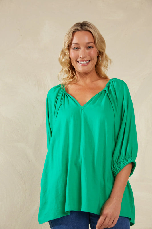 Linen Blend Relaxed Blouse - Green