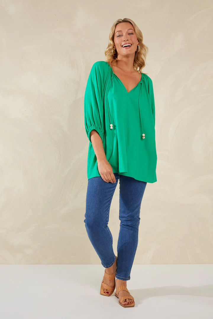 Linen Blend Relaxed Blouse - Green