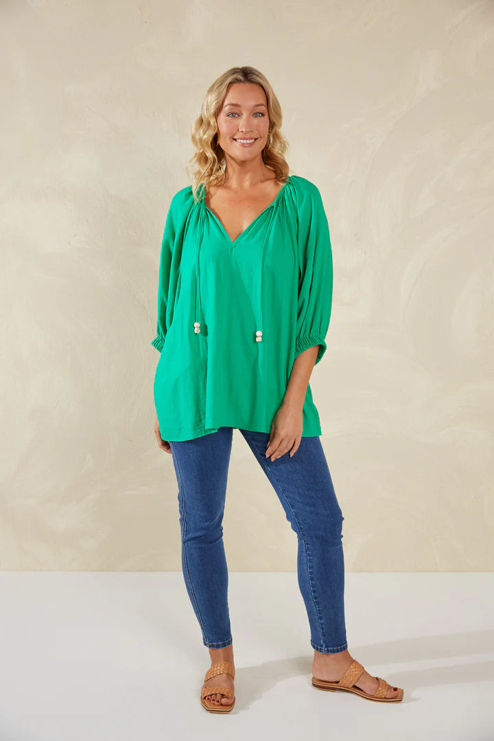 Linen Blend Relaxed Blouse - Green