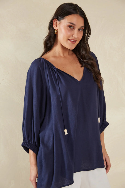 Linen Blend Relaxed Blouse - Blue