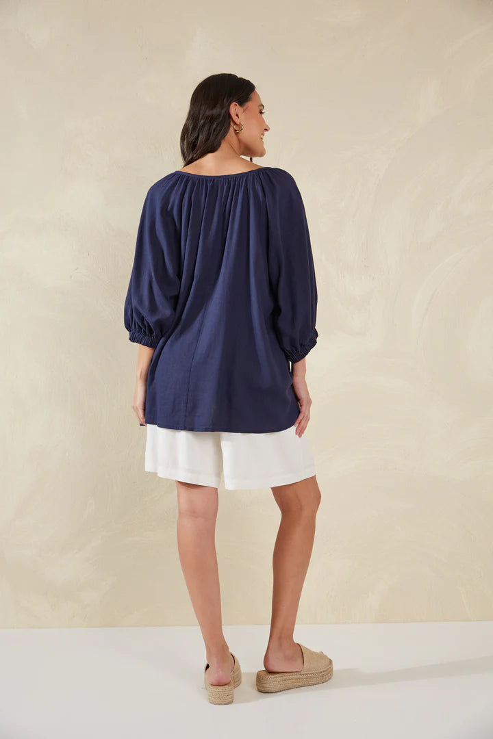 Linen Blend Relaxed Blouse - Blue