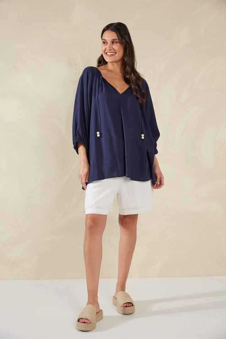 Linen Blend Relaxed Blouse - Blue