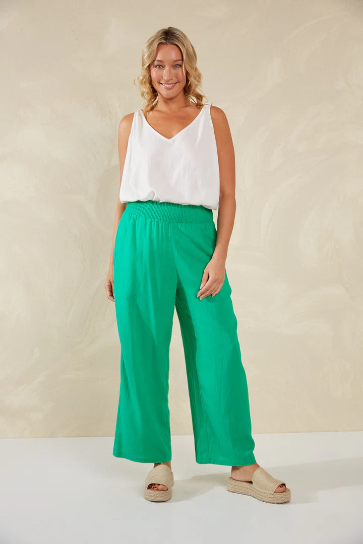 Linen Blend Wide Leg Pants - Green