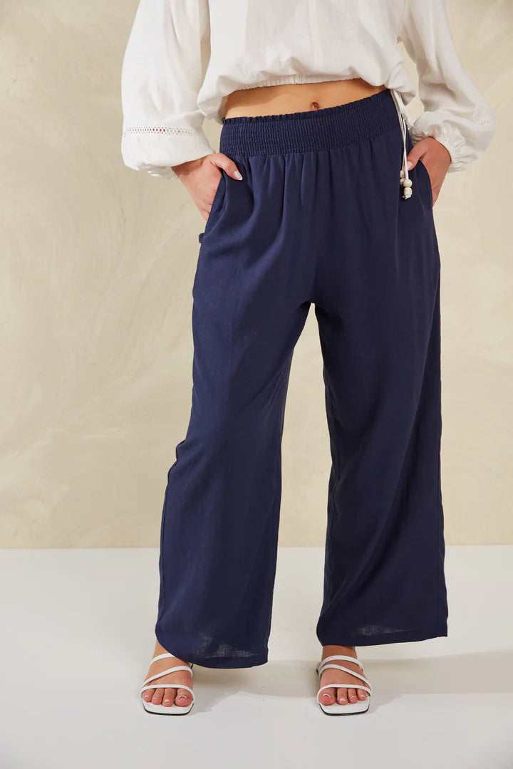 Linen Blend Wide Leg Pants - Navy