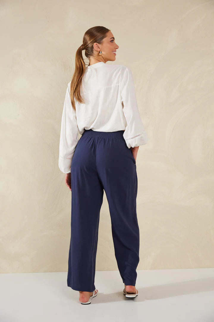 Linen Blend Wide Leg Pants - Navy