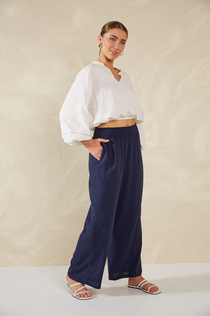 Linen Blend Wide Leg Pants - Navy