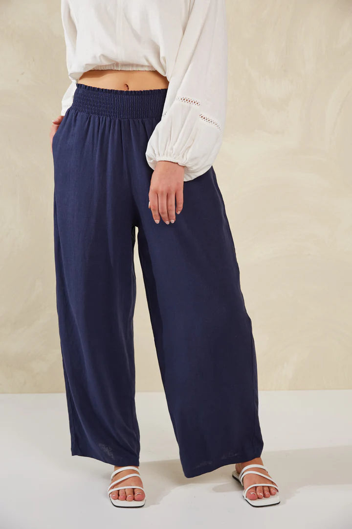 Linen Blend Wide Leg Pants - Navy