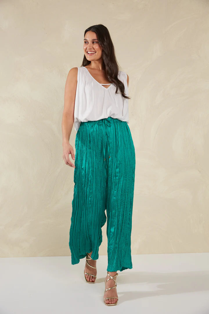 Plissé Wide-Leg Pants - Aqua