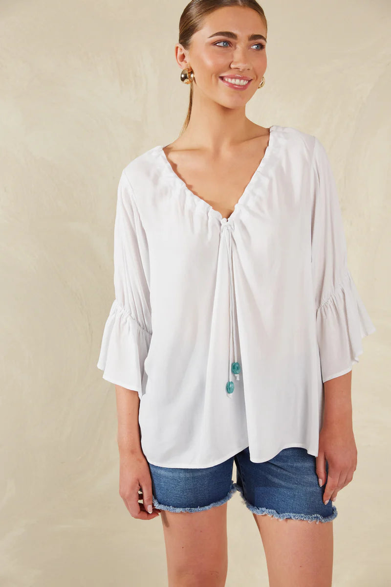 V-Neck Ruched Top - White