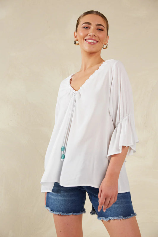 V-Neck Ruched Top - White