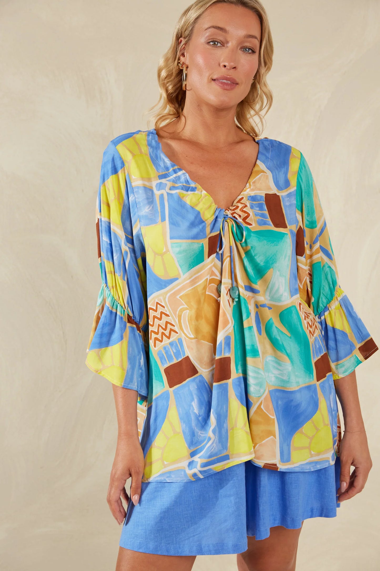 Printed V-Neck Ruched Top