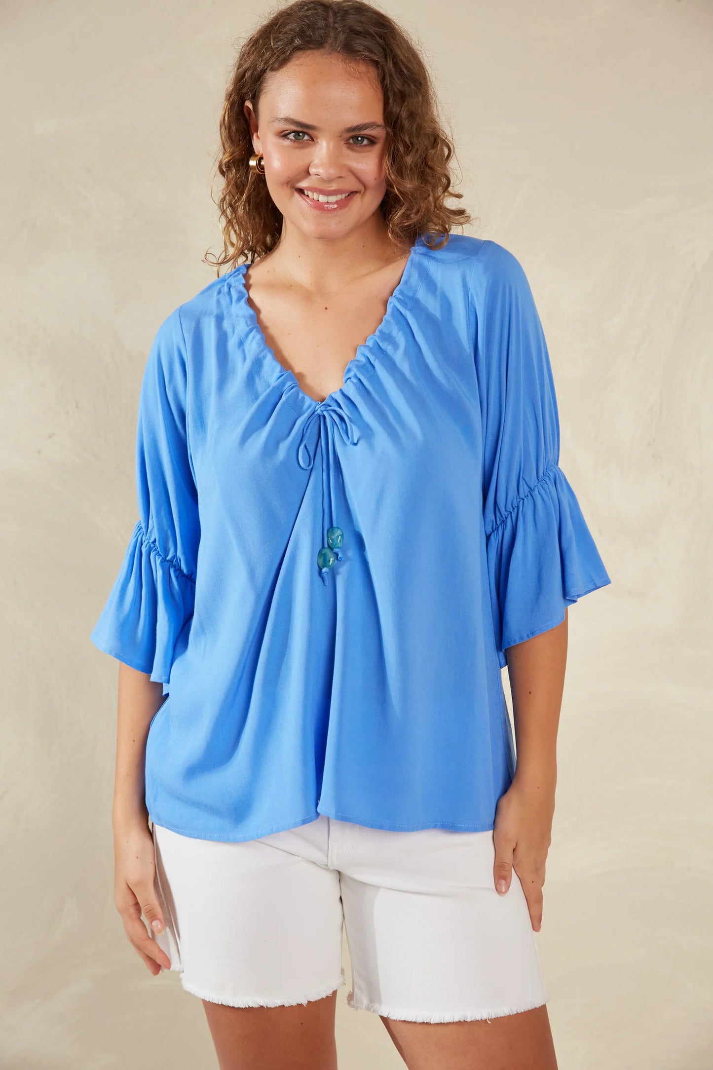 V-Neck Ruched Top - Blue