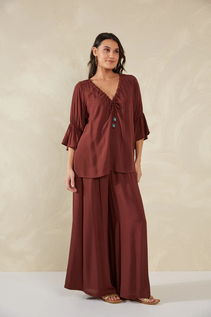 V-Neck Ruched Top - Brown