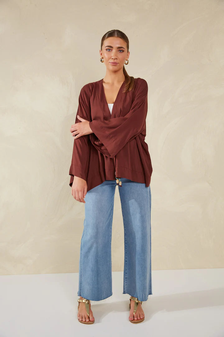 Relaxed Fit Wrap Top - Brown