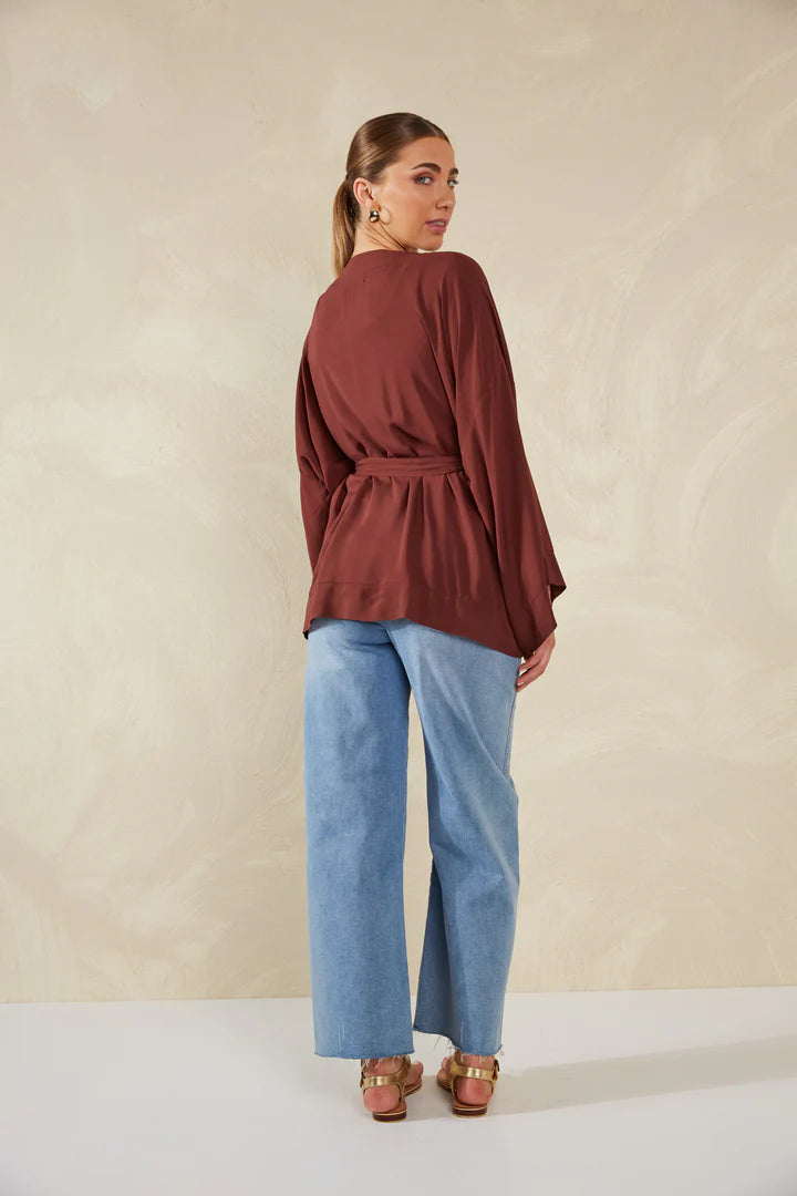 Relaxed Fit Wrap Top - Brown