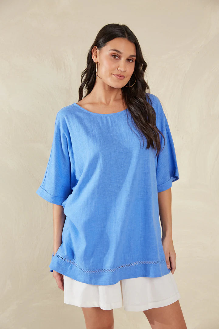 Linen Blend Relaxed Top - Blue