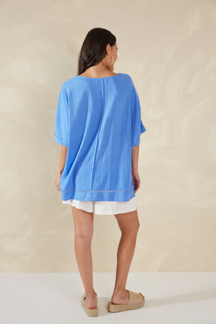 Linen Blend Relaxed Top - Blue