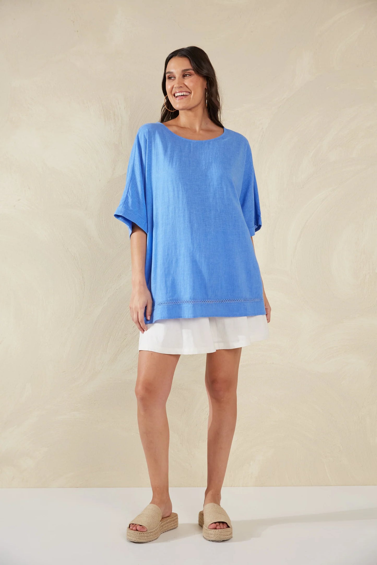 Linen Blend Relaxed Top - Blue