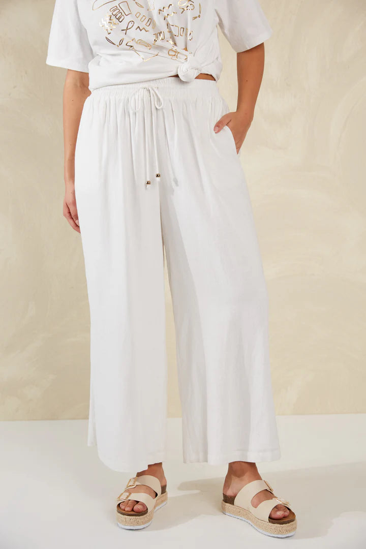 Wide-Leg Linen Blend Pants - White