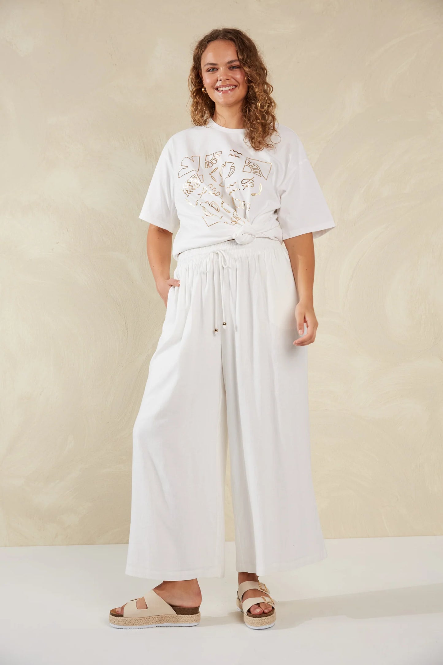 Wide-Leg Linen Blend Pants - White