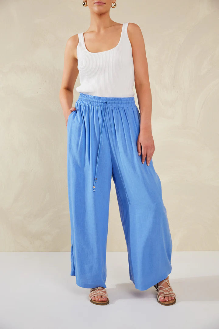 Wide-Leg Linen Blend Pants -  Blue