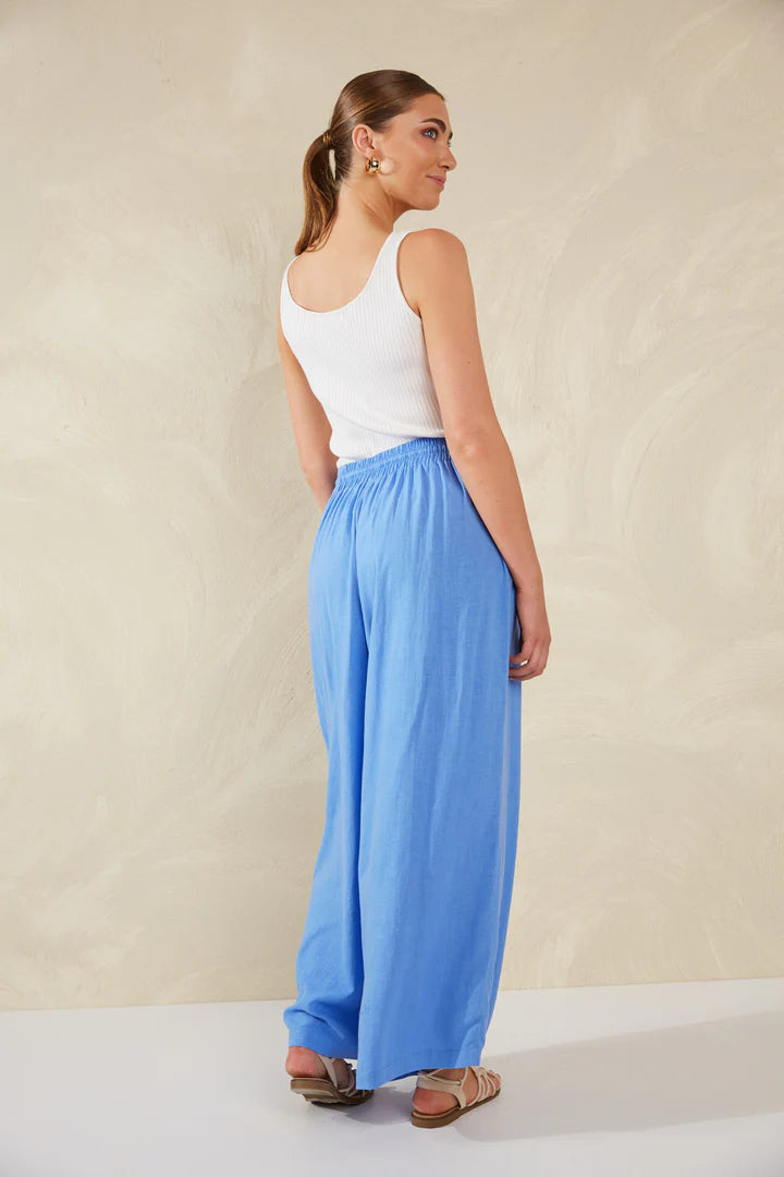 Wide-Leg Linen Blend Pants -  Blue