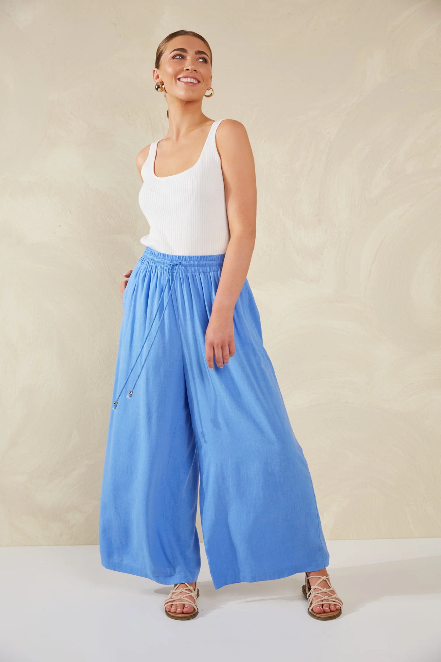 Wide-Leg Linen Blend Pants -  Blue