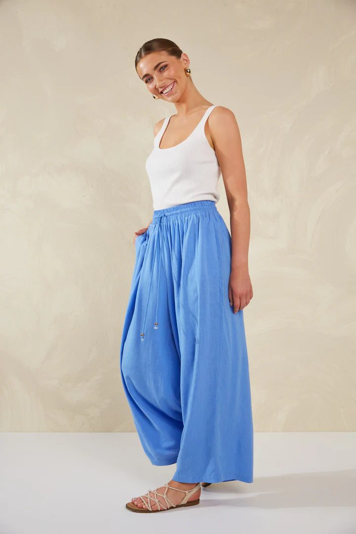 Wide-Leg Linen Blend Pants -  Blue