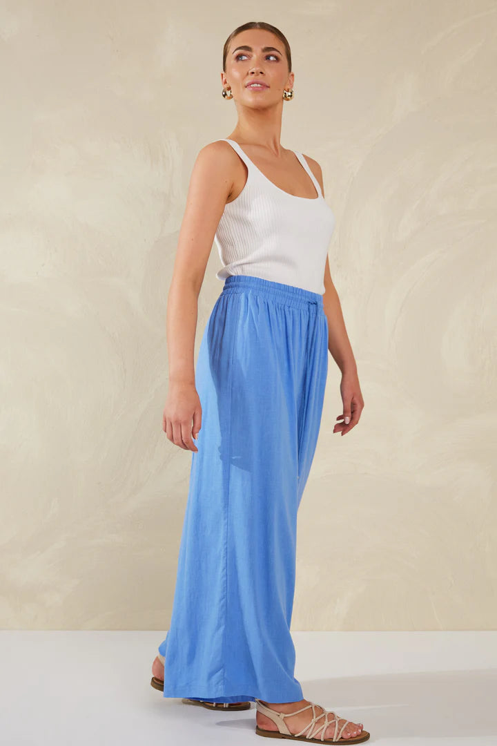 Wide-Leg Linen Blend Pants -  Blue